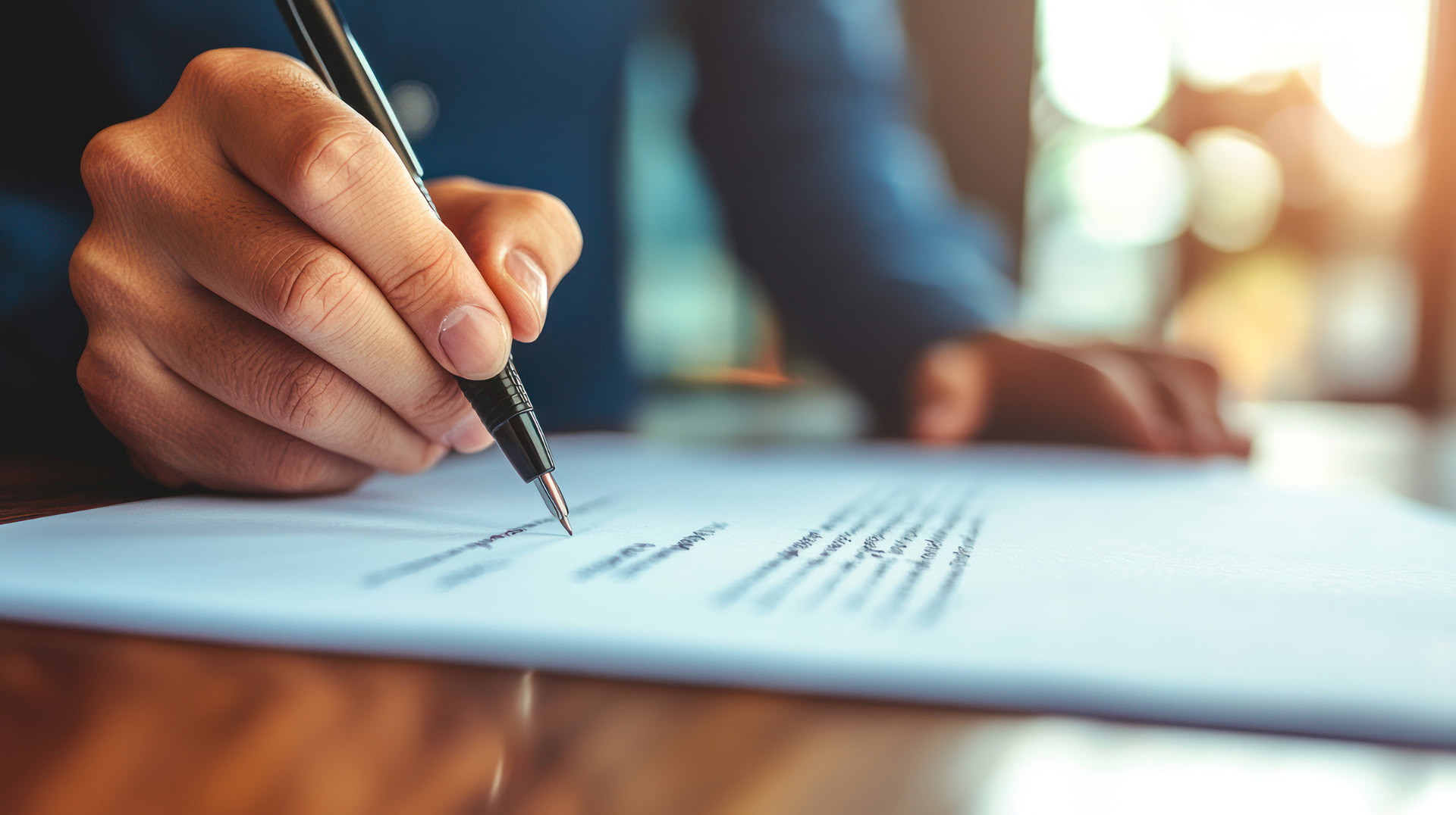 A person writing on a printed document with a pen at a wooden desk