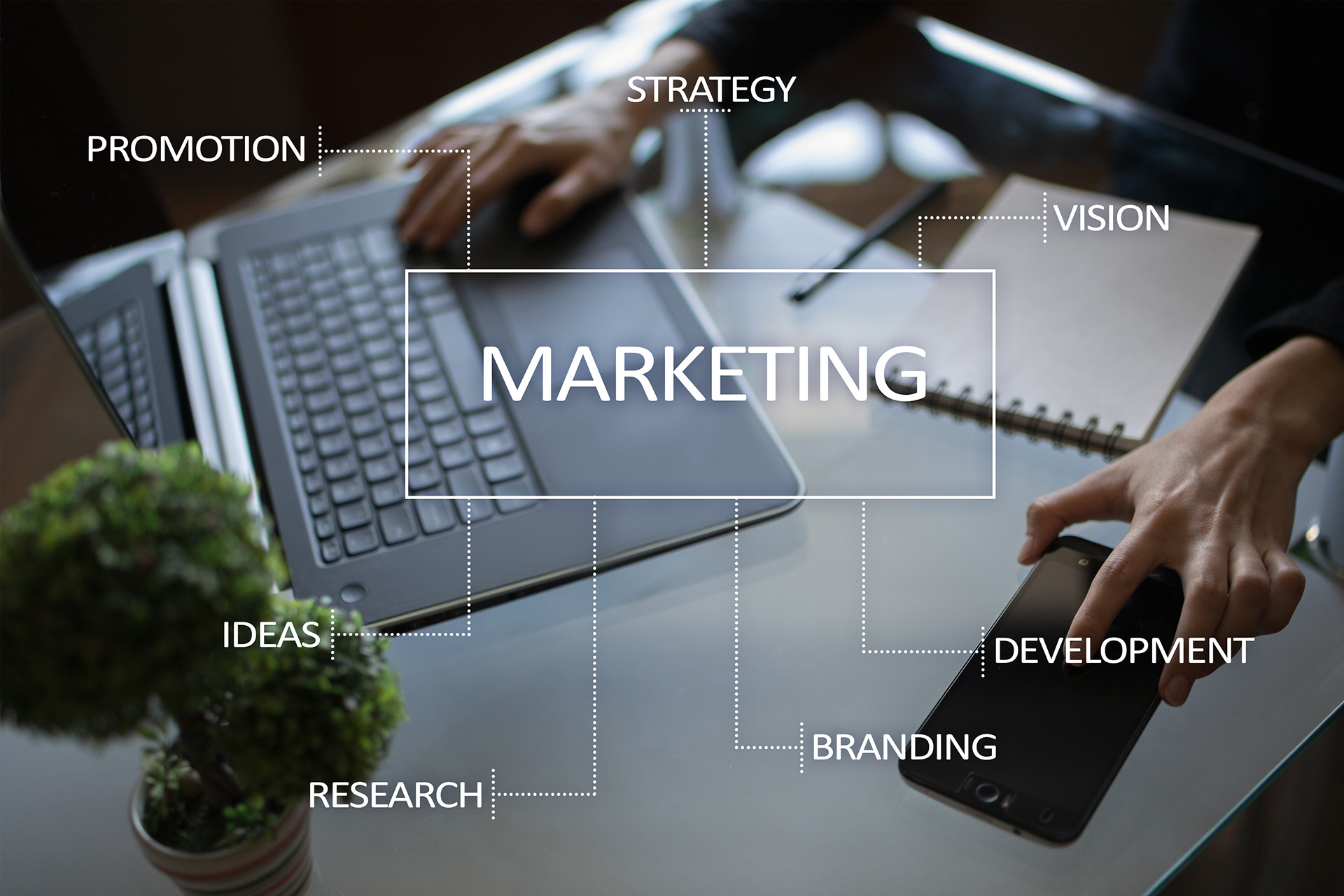 Marketer at a laptop and smartphone beside a strategy diagram linking vision, branding, research, and ideas
