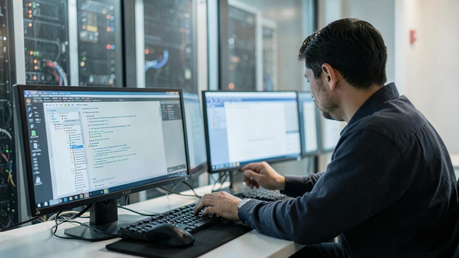 A specialist working across two monitors in a technical workspace